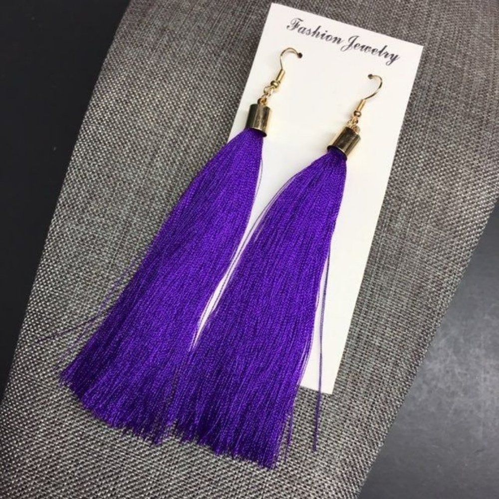 Long Dangle Pierced Earrings Purple Tassel Fringe Gold Retro BoHo